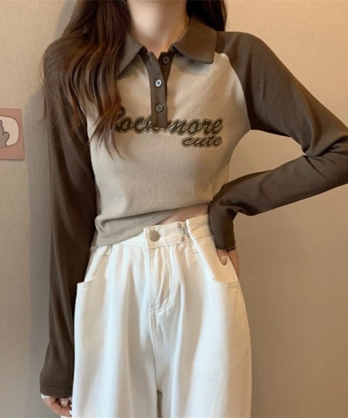 Beststore(ベストストア)の「「全3色」バイカラーロゴ入りロングスリーブポロシャツ レトロ 韓国ファッション(Tシャツ/カットソー・レディース・ブラック/ブラウン/グレー・FREE)」の3枚目の写真