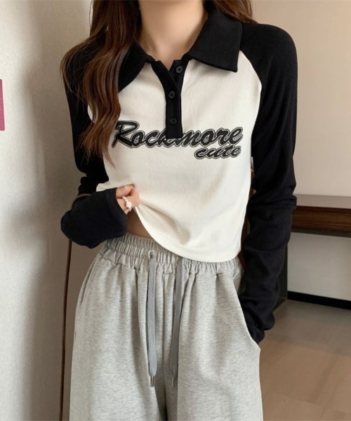 Beststore(ベストストア)の「「全3色」バイカラーロゴ入りロングスリーブポロシャツ レトロ 韓国ファッション(Tシャツ/カットソー・レディース・ブラック/ブラウン/グレー・FREE)」の1枚目の写真