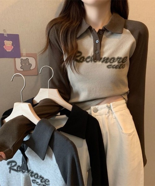 Beststore(ベストストア)の「「全3色」バイカラーロゴ入りロングスリーブポロシャツ レトロ 韓国ファッション(Tシャツ/カットソー・レディース・ブラック/ブラウン/グレー・FREE)」の4枚目の写真
