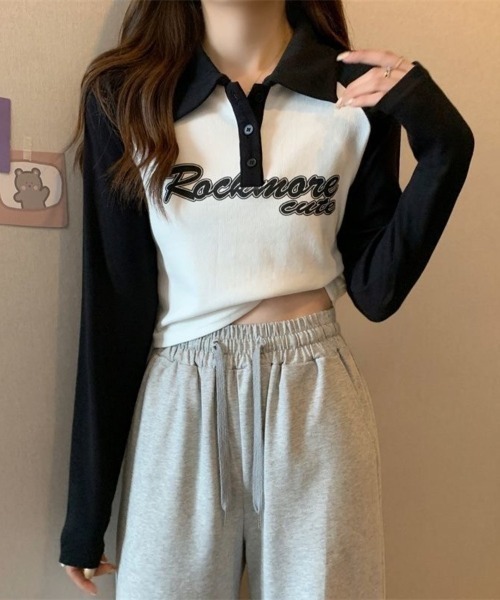 Beststore(ベストストア)の「「全3色」バイカラーロゴ入りロングスリーブポロシャツ レトロ 韓国ファッション(Tシャツ/カットソー・レディース・ブラック/ブラウン/グレー・FREE)」の7枚目の写真