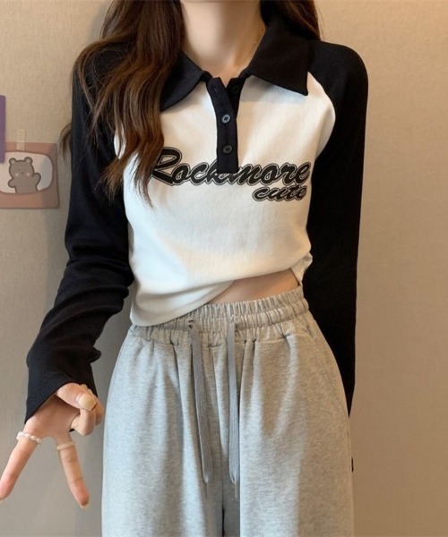 Beststore(ベストストア)の「「全3色」バイカラーロゴ入りロングスリーブポロシャツ レトロ 韓国ファッション(Tシャツ/カットソー・レディース・ブラック/ブラウン/グレー・FREE)」の8枚目の写真