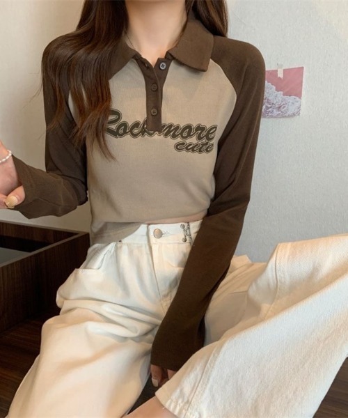 Beststore(ベストストア)の「「全3色」バイカラーロゴ入りロングスリーブポロシャツ レトロ 韓国ファッション(Tシャツ/カットソー・レディース・ブラック/ブラウン/グレー・FREE)」の12枚目の写真
