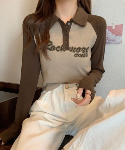 Beststore(ベストストア)の「「全3色」バイカラーロゴ入りロングスリーブポロシャツ レトロ 韓国ファッション(Tシャツ/カットソー・レディース・ブラック/ブラウン/グレー・FREE)」の13枚目の写真