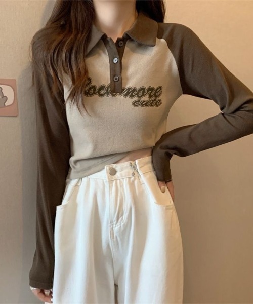 Beststore(ベストストア)の「「全3色」バイカラーロゴ入りロングスリーブポロシャツ レトロ 韓国ファッション(Tシャツ/カットソー・レディース・ブラック/ブラウン/グレー・FREE)」の14枚目の写真