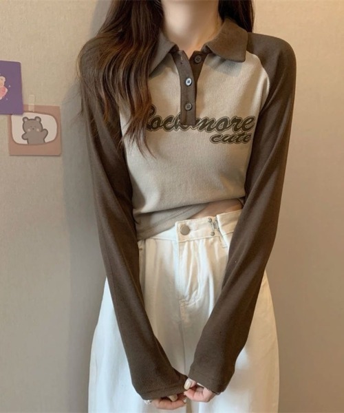 Beststore(ベストストア)の「「全3色」バイカラーロゴ入りロングスリーブポロシャツ レトロ 韓国ファッション(Tシャツ/カットソー・レディース・ブラック/ブラウン/グレー・FREE)」の15枚目の写真