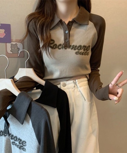 Beststore(ベストストア)の「「全3色」バイカラーロゴ入りロングスリーブポロシャツ レトロ 韓国ファッション(Tシャツ/カットソー・レディース・ブラック/ブラウン/グレー・FREE)」の16枚目の写真