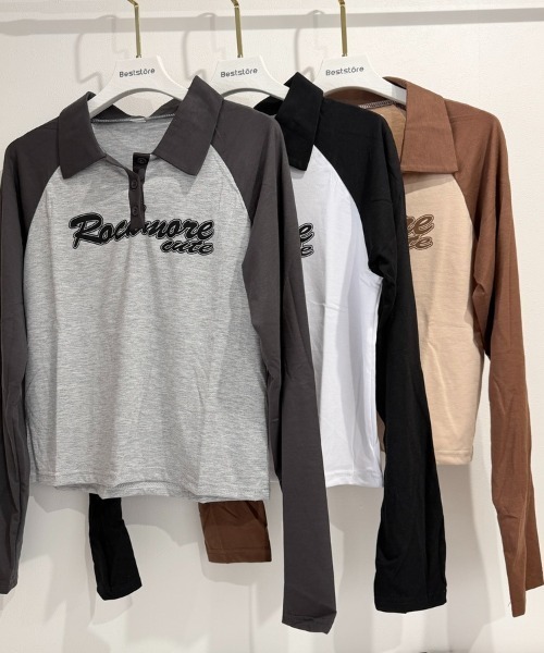 Beststore(ベストストア)の「「全3色」バイカラーロゴ入りロングスリーブポロシャツ レトロ 韓国ファッション(Tシャツ/カットソー・レディース・ブラック/ブラウン/グレー・FREE)」の17枚目の写真