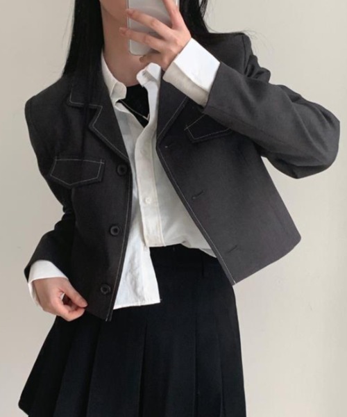 semplice(センプリチェ)の「ショートコート【韓国ファッション】(その他アウター・レディース・グレー/ブラック・F)」の13枚目の写真