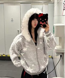 26aw 三色展開/ユニセックス スターボーダー柄フェイクファー付きニットジップパーカー