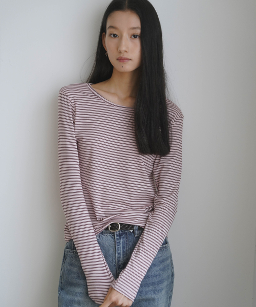 HEEARI(ヒアリー)の「ジェインベーシックゴルジロングスリーブ_ピンクストライプ(Tシャツ/カットソー・レディース・その他・FREE)」の2枚目の写真