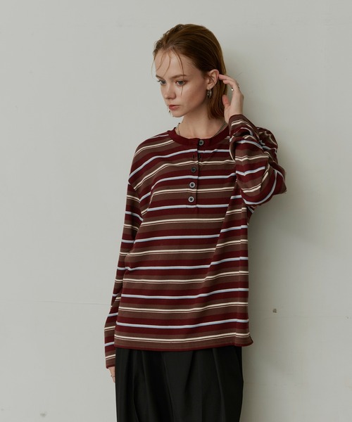 uchi.(ウチ)の「マルチボーダーヘンリーネックロングTシャツ(Tシャツ/カットソー・レディース・ネイビー/ワインレッド・FREE)」の14枚目の写真