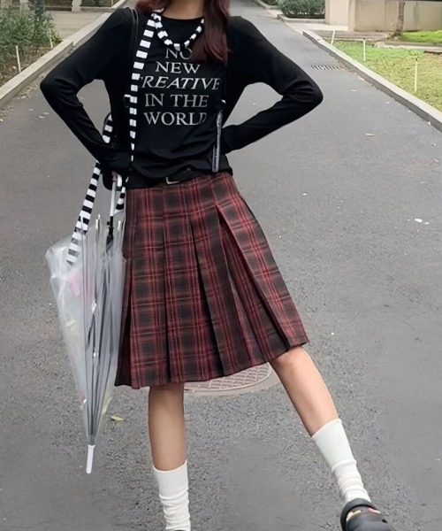 SHERU(シェル)の「チェック柄ミディ丈プリーツスカート レイヤードスタイル(スカート・レディース・ワインレッド・M)」の13枚目の写真