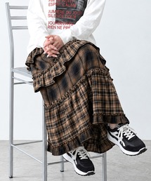 チェック切替ティアードロングスカート