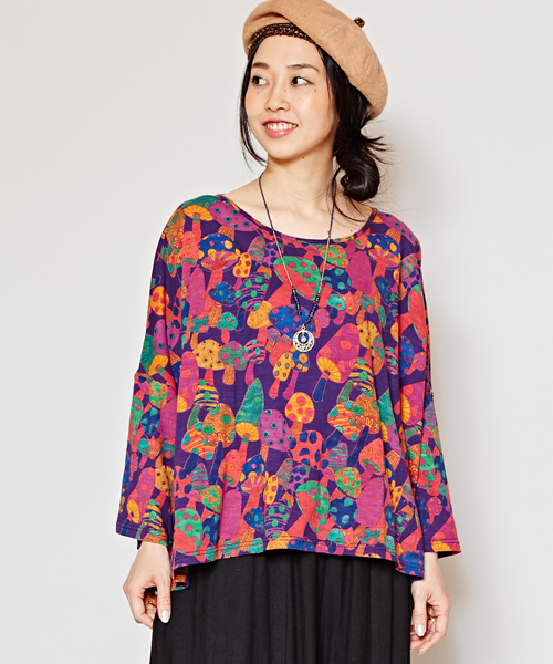 チャイハネ（チャイハネ）の「【チャイハネ】yul サイケマッシュルームトップス（Tシャツ/カットソー・レディース・ホワイト/パープル/グリーン・FREE）」の3枚目の写真