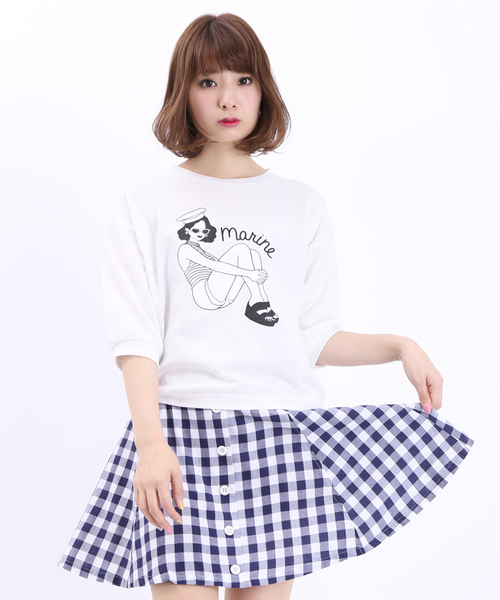 WEGO（ウィゴー）の「WEGO/マリンガール5分袖スウェット（スウェット・レディース・オフホワイト/ホワイト系その他/ブルー/ピンク・FREE）」の2枚目の写真