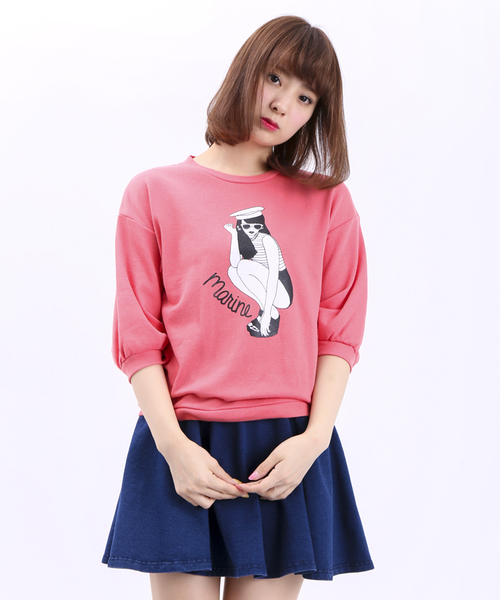 WEGO（ウィゴー）の「WEGO/マリンガール5分袖スウェット（スウェット・レディース・オフホワイト/ホワイト系その他/ブルー/ピンク・FREE）」の4枚目の写真