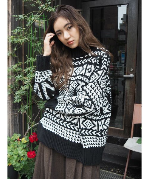 EVRIS（エヴリス）の「ハンドライクジャカードニット（ニット/セーター・レディース・ホワイト/ブラック/ブラウン・FREE）」の7枚目の写真