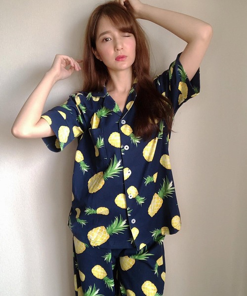 fran de lingerie（フランデランジェリー）の「cotton-me天然繊維100%パジャマシャツセットアップ(ギンガムチェック・パイナップル)（ルームウェア/パジャマ・レディース・ブラウン/ブルー/グリーン/ネイビー/ホワイト・M-L）」の4枚目の写真