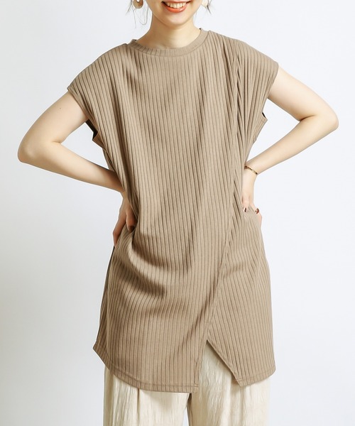natural couture(ナチュラルクチュール)の「防油加工リブカットソーラップチュニック(Tシャツ/カットソー・レディース・ブラック/ブラウン/ライトベージュ/レンガ・FREE)」の2枚目の写真