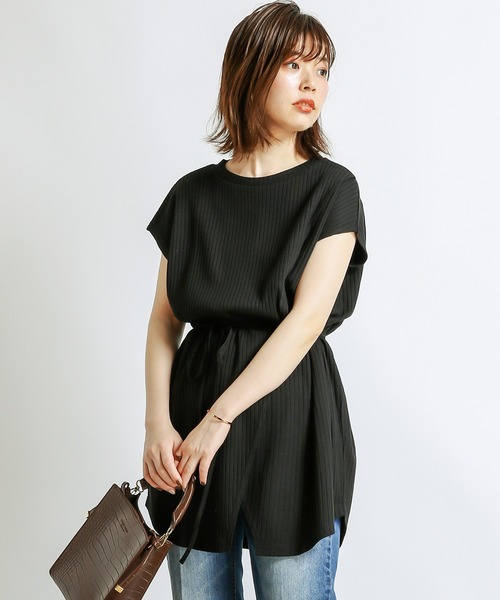natural couture(ナチュラルクチュール)の「防油加工リブカットソーラップチュニック(Tシャツ/カットソー・レディース・ブラック/ブラウン/ライトベージュ/レンガ・FREE)」の1枚目の写真