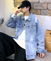 neos | 【neos -sellect design-】ビッグシルエット デニム ツイル ダメージ ポケット カバーオール ブルゾン ジャケット(カバーオール)