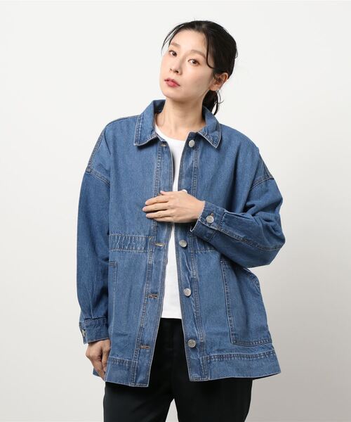 OUTDOOR PRODUCTS（アウトドアプロダクツ）の「【OUTDOOR PRODUCTS】ドロストカバーオール　デニムジャケット　ビッグシルエット（デニムジャケット・レディース・サンドベージュ/ワンウォッシュ/ブルー系その他/カーキ・LARGE/MEDIUM）」の3枚目の写真