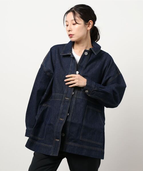 OUTDOOR PRODUCTS（アウトドアプロダクツ）の「【OUTDOOR PRODUCTS】ドロストカバーオール　デニムジャケット　ビッグシルエット（デニムジャケット・レディース・サンドベージュ/ワンウォッシュ/ブルー系その他/カーキ・LARGE/MEDIUM）」の4枚目の写真