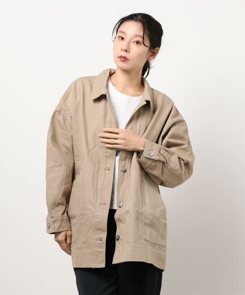 OUTDOOR PRODUCTS（アウトドアプロダクツ）の「【OUTDOOR PRODUCTS】ドロストカバーオール　デニムジャケット　ビッグシルエット（デニムジャケット・レディース・サンドベージュ/ワンウォッシュ/ブルー系その他/カーキ・LARGE/MEDIUM）」の2枚目の写真
