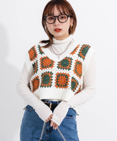 nemne store（ネンネストア）の「カラフルかぎ針編みビスチェ（ベスト・レディース・オフホワイト/ピンク/グリーン・フリー）」の13枚目の写真