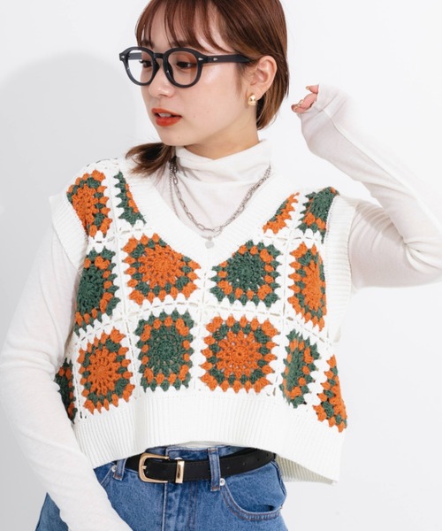 nemne store（ネンネストア）の「カラフルかぎ針編みビスチェ（ベスト・レディース・オフホワイト/ピンク/グリーン・フリー）」の15枚目の写真