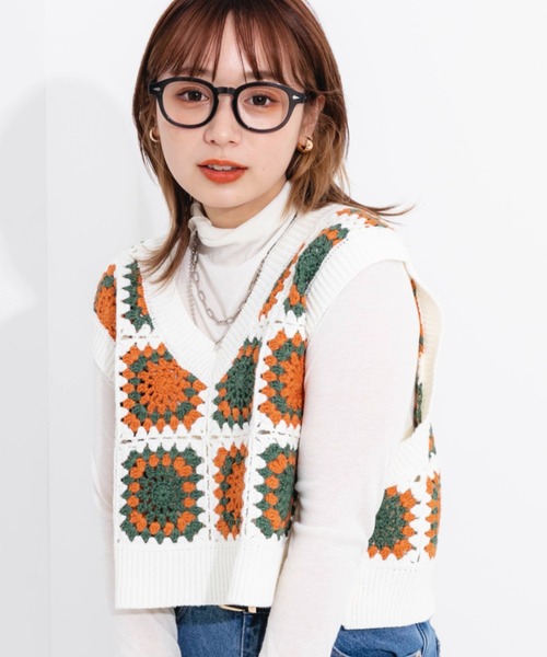 nemne store（ネンネストア）の「カラフルかぎ針編みビスチェ（ベスト・レディース・オフホワイト/ピンク/グリーン・フリー）」の10枚目の写真