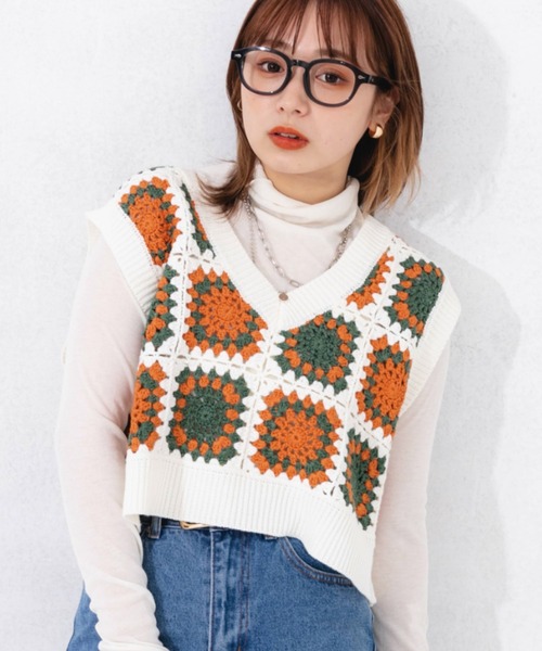 nemne store（ネンネストア）の「カラフルかぎ針編みビスチェ（ベスト・レディース・オフホワイト/ピンク/グリーン・フリー）」の11枚目の写真