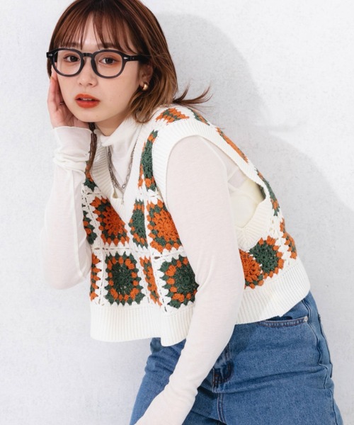 nemne store（ネンネストア）の「カラフルかぎ針編みビスチェ（ベスト・レディース・オフホワイト/ピンク/グリーン・フリー）」の12枚目の写真