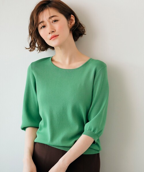 grove（グローブ）の「◆大人気商品再入荷！【ひんやり/UV/洗える】やわらかドライタッチパフ袖ニットTee（ニット/セーター・レディース・ブラック/ブルー系2/アイボリー/アイボリー系2/グリーン/イエロー系7/ワインレッド/グリーン系その他6・01/02/03/05/04）」の4枚目の写真