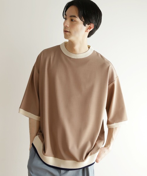 niko and...（ニコアンド）の「ニットリブ付き布帛Tシャツ（Tシャツ/カットソー・メンズ・ブラック/ベージュ/ブルー/グリーン・SMALL/MEDIUM/LARGE）」の2枚目の写真