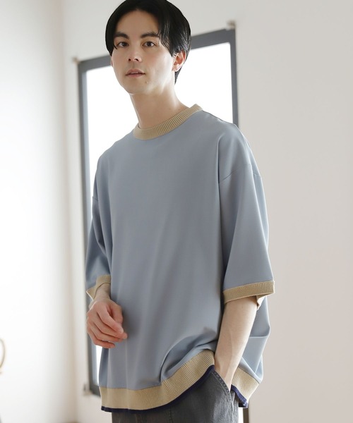 niko and...（ニコアンド）の「ニットリブ付き布帛Tシャツ（Tシャツ/カットソー・メンズ・ブラック/ベージュ/ブルー/グリーン・SMALL/MEDIUM/LARGE）」の4枚目の写真