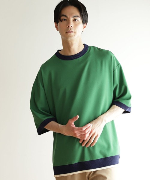 niko and...（ニコアンド）の「ニットリブ付き布帛Tシャツ（Tシャツ/カットソー・メンズ・ブラック/ベージュ/ブルー/グリーン・SMALL/MEDIUM/LARGE）」の3枚目の写真