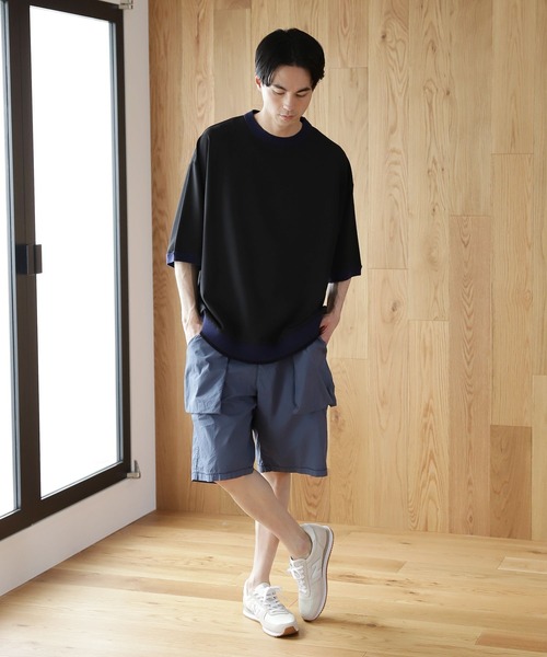 niko and...（ニコアンド）の「ニットリブ付き布帛Tシャツ（Tシャツ/カットソー・メンズ・ブラック/ベージュ/ブルー/グリーン・SMALL/MEDIUM/LARGE）」の5枚目の写真