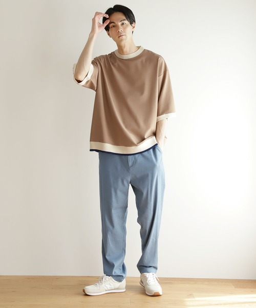 niko and...（ニコアンド）の「ニットリブ付き布帛Tシャツ（Tシャツ/カットソー・メンズ・ブラック/ベージュ/ブルー/グリーン・SMALL/MEDIUM/LARGE）」の6枚目の写真