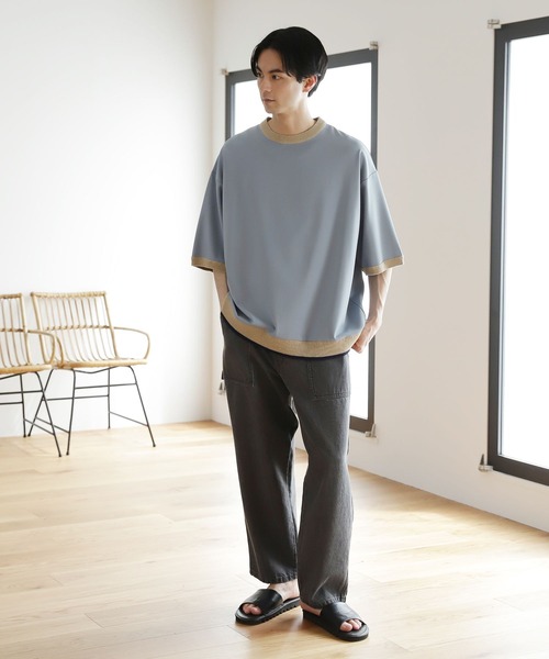 niko and...（ニコアンド）の「ニットリブ付き布帛Tシャツ（Tシャツ/カットソー・メンズ・ブラック/ベージュ/ブルー/グリーン・SMALL/MEDIUM/LARGE）」の8枚目の写真