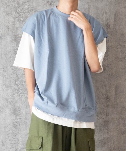 Ritzy(リッツィー)の「天竺×裏毛アンサンブル Tシャツベスト レディース メンズ(Tシャツ/カットソー・メンズ・ブラック/サックスブルー/グリーン/グレイッシュベージュ・MEDIUM/LARGE/X-LARGE)」の1枚目の写真