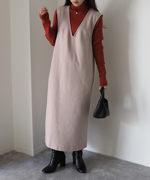 Riberry（リベリー）の「後ろスリットVネックジャンスカ（ジャンパースカート・レディース・ブラック/ベージュ/カーキ/マスタード・MEDIUM）」の10枚目の写真