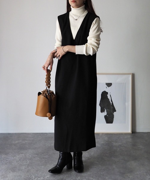 Riberry（リベリー）の「後ろスリットVネックジャンスカ（ジャンパースカート・レディース・ブラック/ベージュ/カーキ/マスタード・MEDIUM）」の15枚目の写真