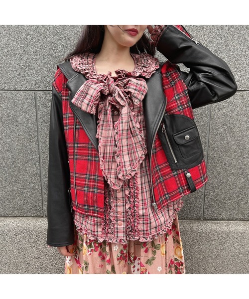 PINK HOUSE（ピンクハウス）の「タータンチェック使いラムレザーライダースジャケット（ライダースジャケット・レディース・ブラック×レッド/ブラック×グリーン・LARGE/MEDIUM）」の7枚目の写真