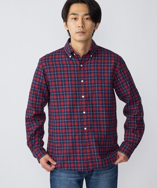 *SHIPS: ワンポイント ロゴ エンブロイダリー チェック ボタンダウン ネルシャツ