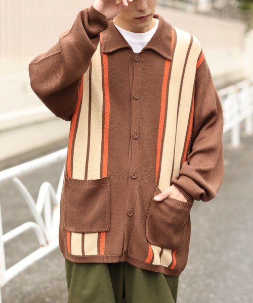 WEGO(ウィゴー)の「WEGO/スウェットライクカーディガン(カーディガン/ボレロ・メンズ・ブラウン/アイボリー・LARGE/MEDIUM)」の1枚目の写真