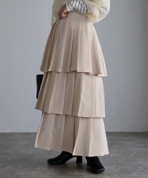 セール】三段プリーツロングフレアスカート（スカート  