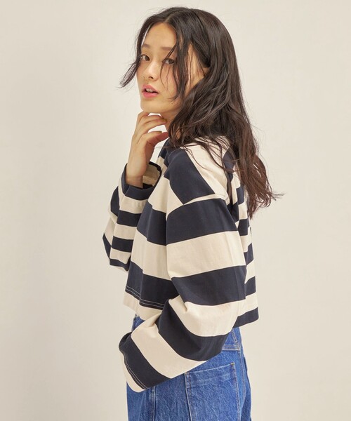 SHIPS（シップス）の「マルチボーダー クロップド プルオーバー◆（Tシャツ/カットソー・レディース・ライトブルー/ブラック・ONE SIZE）」の15枚目の写真