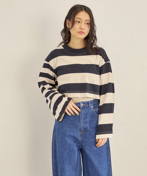SHIPS（シップス）の「マルチボーダー クロップド プルオーバー◆（Tシャツ/カットソー・レディース・ライトブルー/ブラック・ONE SIZE）」の22枚目の写真