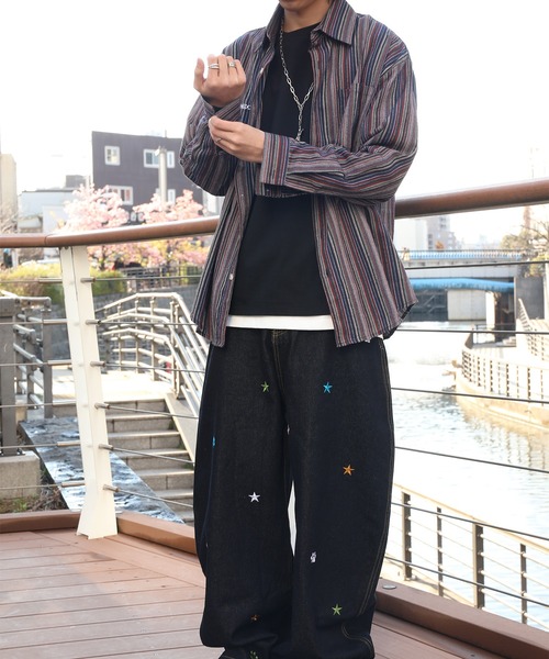 HOOK(フック)の「【HOOK】古着風ストライプ総柄ビッグシャツ(シャツ/ブラウス・メンズ・オリーブ/カーキ/ベージュ/イエロー/パープル/グリーン/グレー・M/L/XL)」の8枚目の写真
